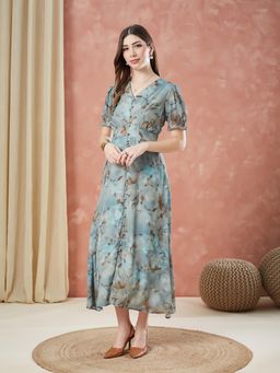 Latin Quarters - Green Floral V-Neck Dress