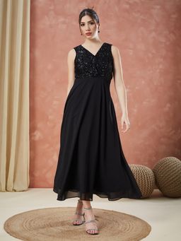 Latin Quarters - Black Embellished/Sequined V-Neck Dress