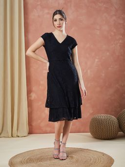 Latin Quarters - Black Self Design V-Neck Dress