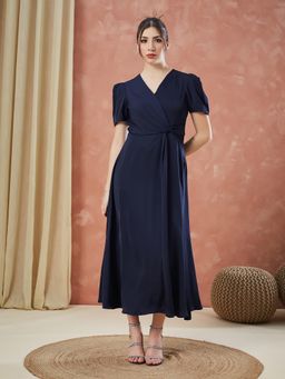 Latin Quarters - Blue Solid/Plain V-Neck Dress
