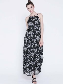 Sera - Women Black Polyester Floral Maxi Dress