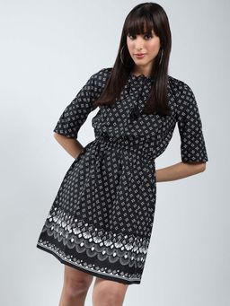 Sera - Women Black Polyester Printed Mini Dress