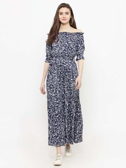 Sera - Women Navy Blue Viscose Rayon Floral Maxi Dress with Belt (Set of 2)