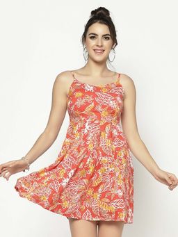 Sera - Women Coral Viscose Rayon Floral Mini Dress