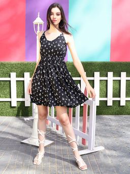 Sera - Women Black Polyester Floral Mini Dress