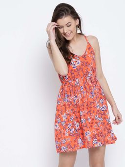 Sera - Women Orange Polyester Floral Mini Dress