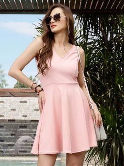 Sera - Women Pink Polyester Solid Mini Dress