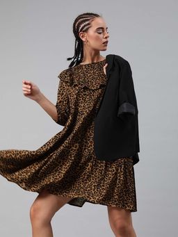 Sera - Women Brown Modal Animal Print Mini Dress
