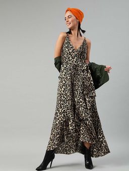 Sera - Women Beige Polyester Animal Print Maxi Dress