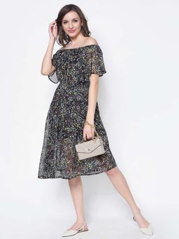 Sera - Women Black Polyester Floral Knee Length Dress