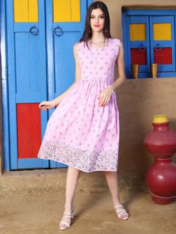 Sera - Women Pink Polyester Floral Midi Dress