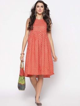 Sera - Women Orange Cotton Floral Knee Length Dress