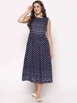 Sera - Women Navy Blue Viscose Rayon Floral Midi Dress