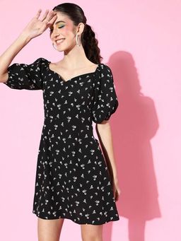 Sera - Women Black Polyester Floral Mini Dress