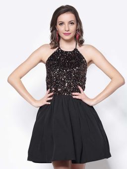 Sera - Women Black Polyester Embellished Mini Dress