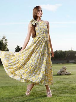 Sera - Women Yellow Polyester Floral Maxi Dress