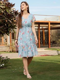 Sera - Women Blue Polyester Floral Knee Length Dress