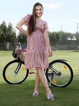 Sera - Women Pink Polyester Floral Knee Length Dress