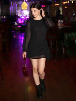 Sera - Women Black Polyester Self Design Mini Dress