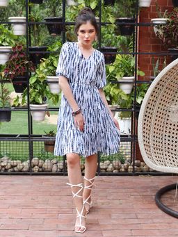 Sera - Women Blue Polyester Tie & Dye Knee Length Dress