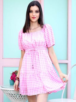 Sera - Women Pink Cotton Checks Mini Dress