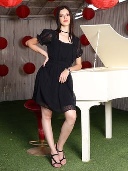 Sera - Women Black Polyester Self Design Mini Dress