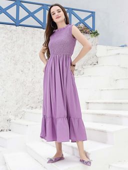 Sera - Women Lavender Polyester Solid Midi Dress