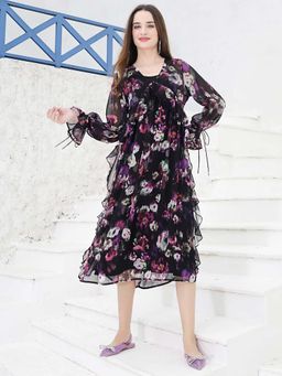 Sera - Women Black Polyester Floral Midi Dress