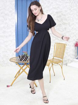 Sera - Women Black Polyester Solid Midi Dress