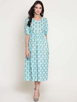 Sera - Women Blue Cotton Floral Midi Dress