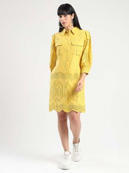 Madame - Women Yellow Cotton Self Design Knee Length Dress