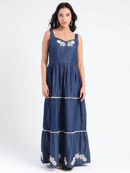 Madame - Women Navy Blue Cotton Embroidered Maxi Dress