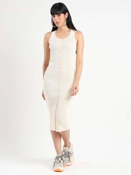 Madame - Women Beige Polyester Solid Midi Dress