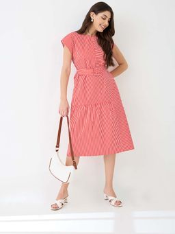 Globus - Women Red Round Neck Stripes A-Line Midi Dress with Belt (Set of 2)