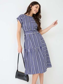 Globus - Women Blue Round Neck Stripes A-Line Midi Dress with Belt (Set of 2)