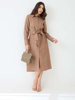 Globus - Women Brown Collar Neck Self Design Regular Midi Dress