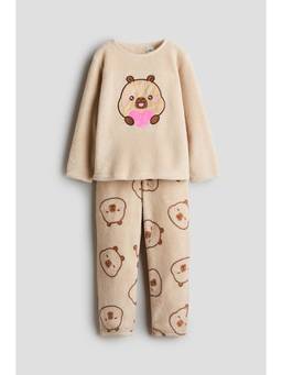 H&M - Girls Beige Printed Velour Pyjamas