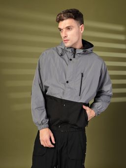 CHKOKKO - Mens Grey Colorblock Full Sleeves Hooded Jacket