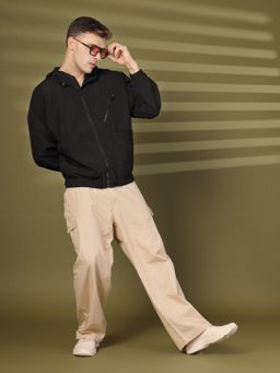 CHKOKKO - Mens Black Solid Full Sleeves Hooded Jacket