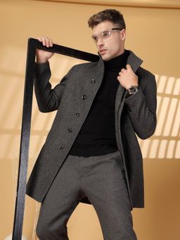 CHKOKKO - Men Winter Wear Long Solid Coat Grey