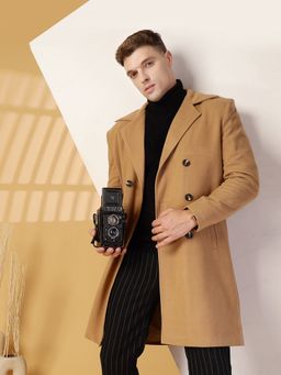 CHKOKKO Men Solid Beige Winter Coat