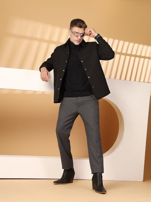 CHKOKKO Men Solid Black Winter Coat