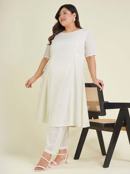 Janasya - Women Plus Size Off White Dobby Pure Cotton Self Design A-Line Kurta & Pant