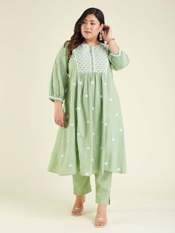 Janasya - Women Light Green Pure Cotton Embroidered A-Line Kurta & Pant