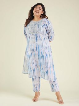 Janasya - Women Plus Size Blue Silk Blend Yoke Embroidered Straight Kurta & Pant