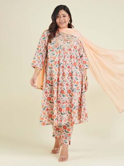 Janasya - Women Plus Size Peach Pure Cotton Floral Printed Anarkali Kurta & Pant with Dupatta