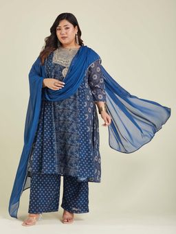 Janasya - Women Plus Size Dark Blue Embellished Anarkali Kurta & Pant with Dupatta