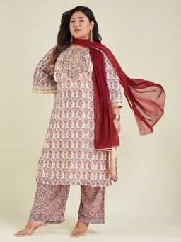 Janasya - Women Plus Size Cream Georgette Embroidered Straight Kurta & Pant with Dupatta