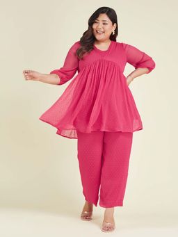 Janasya - Women Plus Size Pink Dobby Chiffon Self Design A-Line Co-Ord Set