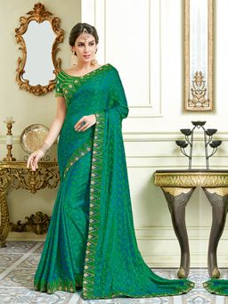 Odette - Rama Green - Dual Tone Jacquard Silk Designer Saree with Unstitched Blouse